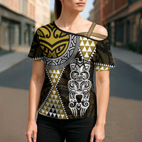 Yellow Aotearoa Niho Taniwha Cross Shoulder Shirt Maori Mythology Tooth - Taniko Motifs - Polynesian Pride