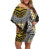 Yellow Aotearoa Niho Taniwha Family Matching Off Shoulder Short Dress and Hawaiian Shirt Maori Mythology Tooth - Taniko Motifs