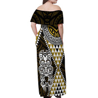 Yellow Aotearoa Niho Taniwha Off Shoulder Maxi Dress Maori Mythology Tooth - Taniko Motifs