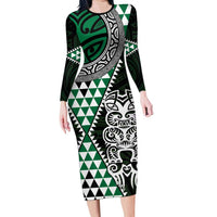 Green Aotearoa Niho Taniwha Family Matching Long Sleeve Bodycon Dress and Hawaiian Shirt Maori Mythology Tooth - Taniko Motifs