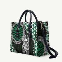 Green Aotearoa Niho Taniwha Leather Bag Maori Mythology Tooth - Taniko Motifs - Polynesian Pride