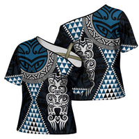 Blue Aotearoa Niho Taniwha Cross Shoulder Shirt Maori Mythology Tooth - Taniko Motifs - Polynesian Pride