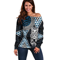 Blue Aotearoa Niho Taniwha Off Shoulder Sweater Maori Mythology Tooth - Taniko Motifs LT14 Women Blue - Polynesian Pride