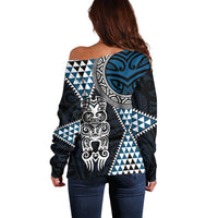 Blue Aotearoa Niho Taniwha Off Shoulder Sweater Maori Mythology Tooth - Taniko Motifs LT14 - Polynesian Pride