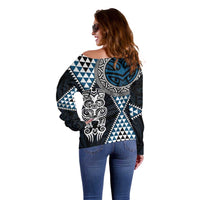 Blue Aotearoa Niho Taniwha Off Shoulder Sweater Maori Mythology Tooth - Taniko Motifs LT14 - Polynesian Pride