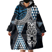 Blue Aotearoa Niho Taniwha Wearable Blanket Hoodie Maori Mythology Tooth - Taniko Motifs