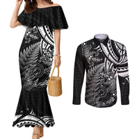 New Zealand Lizard Couples Matching Mermaid Dress and Long Sleeve Button Shirt Silver Fern Aotearoa Maori LT14 Black - Polynesian Pride