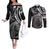 New Zealand Lizard Couples Matching Off The Shoulder Long Sleeve Dress and Long Sleeve Button Shirt Silver Fern Aotearoa Maori LT14 Black - Polynesian Pride