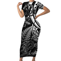 New Zealand Lizard Short Sleeve Bodycon Dress Silver Fern Aotearoa Maori LT14 Long Dress Black - Polynesian Pride