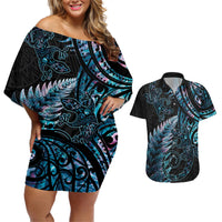 New Zealand Lizard Couples Matching Off Shoulder Short Dress and Hawaiian Shirt Silver Fern Aotearoa Maori With Paua Shell LT14 Turquoise - Polynesian Pride