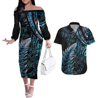 New Zealand Lizard Couples Matching Off The Shoulder Long Sleeve Dress and Hawaiian Shirt Silver Fern Aotearoa Maori With Paua Shell LT14 Turquoise - Polynesian Pride
