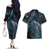 New Zealand Lizard Couples Matching Off The Shoulder Long Sleeve Dress and Hawaiian Shirt Silver Fern Aotearoa Maori With Paua Shell LT14 - Polynesian Pride