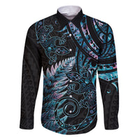 New Zealand Lizard Family Matching Short Sleeve Bodycon Dress and Hawaiian Shirt Silver Fern Aotearoa Maori With Paua Shell LT14 Dad's Shirt - Long Sleeve Turquoise - Polynesian Pride