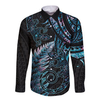 New Zealand Lizard Long Sleeve Button Shirt Silver Fern Aotearoa Maori With Paua Shell LT14 Unisex Turquoise - Polynesian Pride