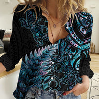 New Zealand Lizard Women Casual Shirt Silver Fern Aotearoa Maori With Paua Shell LT14 Female Turquoise - Polynesian Pride