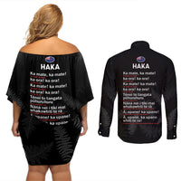 New Zealand Haka Rugby Couples Matching Off Shoulder Short Dress and Long Sleeve Button Shirt 2024 Pacific Go Black Silver Fern LT14 - Polynesian Pride