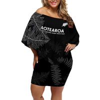 New Zealand Haka Rugby Family Matching Off Shoulder Short Dress and Hawaiian Shirt 2024 Pacific Go Black Silver Fern LT14 Mom's Dress Black - Polynesian Pride