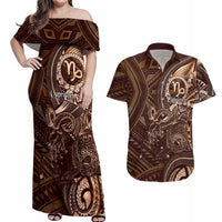 Personalised Polynesia Zodiac Capricorn Couples Matching Off Shoulder Maxi Dress and Hawaiian Shirt Galaxy Polynesian Pattern Chest Tattoo Style LT14 Brown - Polynesian Pride