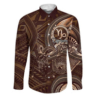 Personalised Polynesia Zodiac Capricorn Family Matching Summer Maxi Dress and Hawaiian Shirt Galaxy Polynesian Pattern Chest Tattoo Style LT14 Dad's Shirt - Long Sleeve Brown - Polynesian Pride