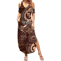 Personalised Polynesia Zodiac Capricorn Family Matching Summer Maxi Dress and Hawaiian Shirt Galaxy Polynesian Pattern Chest Tattoo Style LT14 Mom's Dress Brown - Polynesian Pride