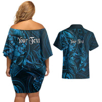 Personalised Polynesia Zodiac Pisces Couples Matching Off Shoulder Short Dress and Hawaiian Shirt Galaxy Polynesian Pattern Chest Tattoo Style