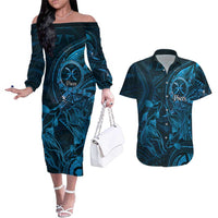 Personalised Polynesia Zodiac Pisces Couples Matching Off The Shoulder Long Sleeve Dress and Hawaiian Shirt Galaxy Polynesian Pattern Chest Tattoo Style LT14 Blue - Polynesian Pride