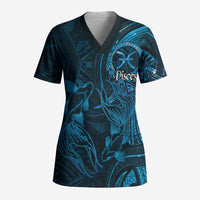 Personalised Polynesia Zodiac Pisces Scrub Top Galaxy Polynesian Pattern Chest Tattoo Style LT14 Adult Blue - Polynesian Pride