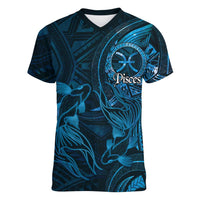 Personalised Polynesia Zodiac Pisces Women V-Neck T-Shirt Galaxy Polynesian Pattern Chest Tattoo Style LT14 Female Blue - Polynesian Pride