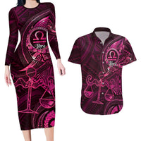 Personalised Polynesia Zodiac Libra Couples Matching Long Sleeve Bodycon Dress and Hawaiian Shirt Galaxy Polynesian Pattern Chest Tattoo Style LT14 Pink - Polynesian Pride