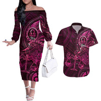 Personalised Polynesia Zodiac Libra Couples Matching Off The Shoulder Long Sleeve Dress and Hawaiian Shirt Galaxy Polynesian Pattern Chest Tattoo Style LT14 Pink - Polynesian Pride