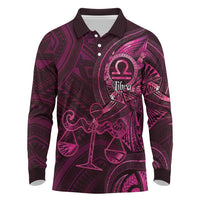 Personalised Polynesia Zodiac Libra Long Sleeve Polo Shirt Galaxy Polynesian Pattern Chest Tattoo Style LT14 Pink - Polynesian Pride