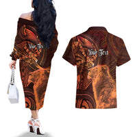 Personalised Polynesia Zodiac Leo Couples Matching Off The Shoulder Long Sleeve Dress and Hawaiian Shirt Galaxy Polynesian Pattern Chest Tattoo Style