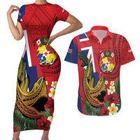 Hawaii And Tonga Couples Matching Short Sleeve Bodycon Dress and Hawaiian Shirt Shark Tattoo With Tongan Coat Of Arms