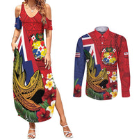 Hawaii And Tonga Couples Matching Summer Maxi Dress and Long Sleeve Button Shirt Shark Tattoo With Tongan Coat Of Arms