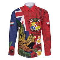 Hawaii And Tonga Family Matching Off Shoulder Short Dress and Hawaiian Shirt Shark Tattoo With Tongan Coat Of Arms