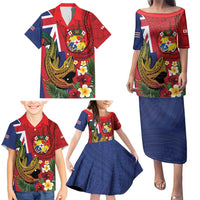 Hawaii And Tonga Family Matching Puletasi and Hawaiian Shirt Shark Tattoo With Tongan Coat Of Arms