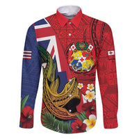 Hawaii And Tonga Family Matching Puletasi and Hawaiian Shirt Shark Tattoo With Tongan Coat Of Arms