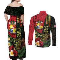 Hawaii And Tonga Couples Matching Off Shoulder Maxi Dress and Long Sleeve Button Shirt King Kamehameha Tribal Ngatu Pattern