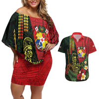 Hawaii And Tonga Couples Matching Off Shoulder Short Dress and Hawaiian Shirt King Kamehameha Tribal Ngatu Pattern