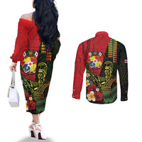 Hawaii And Tonga Couples Matching Off The Shoulder Long Sleeve Dress and Long Sleeve Button Shirt King Kamehameha Tribal Ngatu Pattern