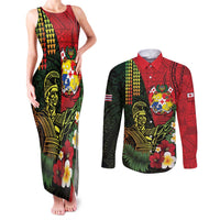 Hawaii And Tonga Couples Matching Tank Maxi Dress and Long Sleeve Button Shirt King Kamehameha Tribal Ngatu Pattern