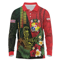 Hawaii And Tonga Long Sleeve Polo Shirt King Kamehameha Tribal Ngatu Pattern