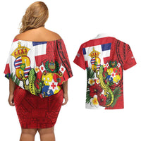Hawaii And Tonga Couples Matching Off Shoulder Short Dress and Hawaiian Shirt King Kalakaua Tribal Gecko Tongan Ngatu
