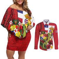 Hawaii And Tonga Couples Matching Off Shoulder Short Dress and Long Sleeve Button Shirt King Kalakaua Tribal Gecko Tongan Ngatu