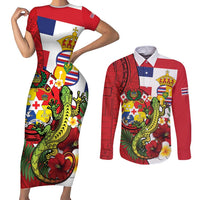 Hawaii And Tonga Couples Matching Short Sleeve Bodycon Dress and Long Sleeve Button Shirt King Kalakaua Tribal Gecko Tongan Ngatu