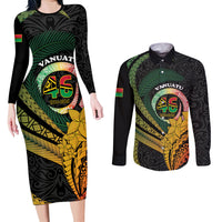 Personalised Vanuatu Independence Day Couples Matching Long Sleeve Bodycon Dress and Long Sleeve Button Shirt July 30 Pig Tusk Long God Yumi Stanap LT14 Black - Polynesian Pride