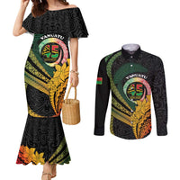 Personalised Vanuatu Independence Day Couples Matching Mermaid Dress and Long Sleeve Button Shirt July 30 Pig Tusk Long God Yumi Stanap LT14 Black - Polynesian Pride
