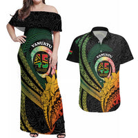 Personalised Vanuatu Independence Day Couples Matching Off Shoulder Maxi Dress and Hawaiian Shirt July 30 Pig Tusk Long God Yumi Stanap LT14 Black - Polynesian Pride