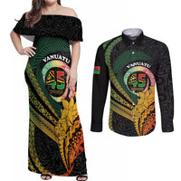 Personalised Vanuatu Independence Day Couples Matching Off Shoulder Maxi Dress and Long Sleeve Button Shirt July 30 Pig Tusk Long God Yumi Stanap LT14 Black - Polynesian Pride