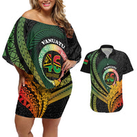 Personalised Vanuatu Independence Day Couples Matching Off Shoulder Short Dress and Hawaiian Shirt July 30 Pig Tusk Long God Yumi Stanap LT14 Black - Polynesian Pride